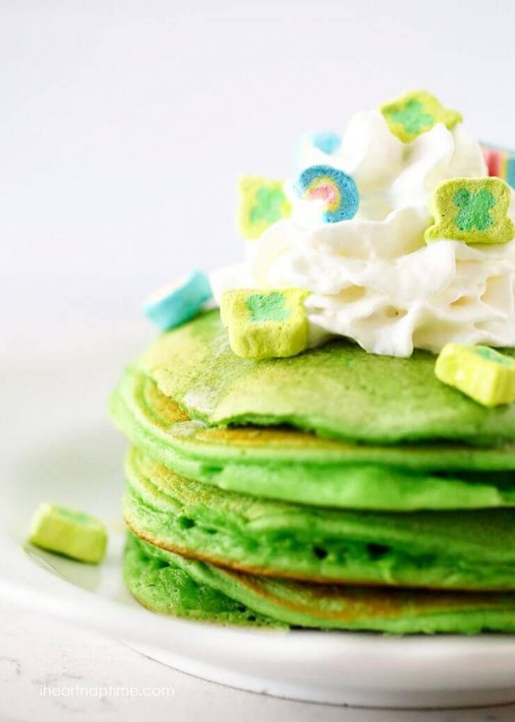 Saint Patricks Pancakes with Lucky Charms Marshmallows from I Heart Nap Time